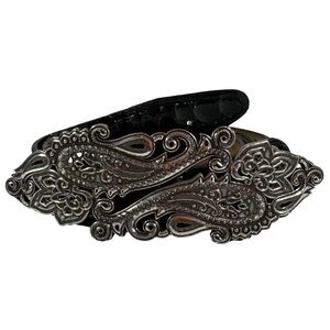 Vintage Brighton Leather Belt Sz 32 Black Large Silver Plated Buckle Snakeskin